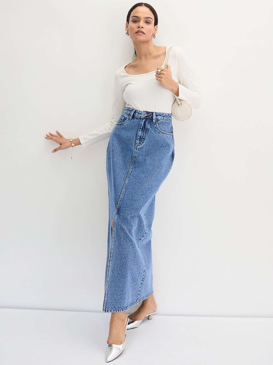 Mid-Blue Denim Maxi Skirt