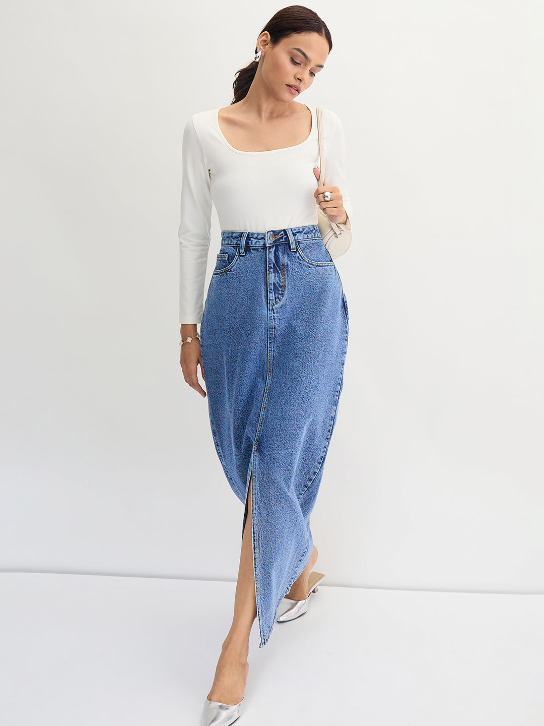 Mid-Blue Denim Maxi Skirt