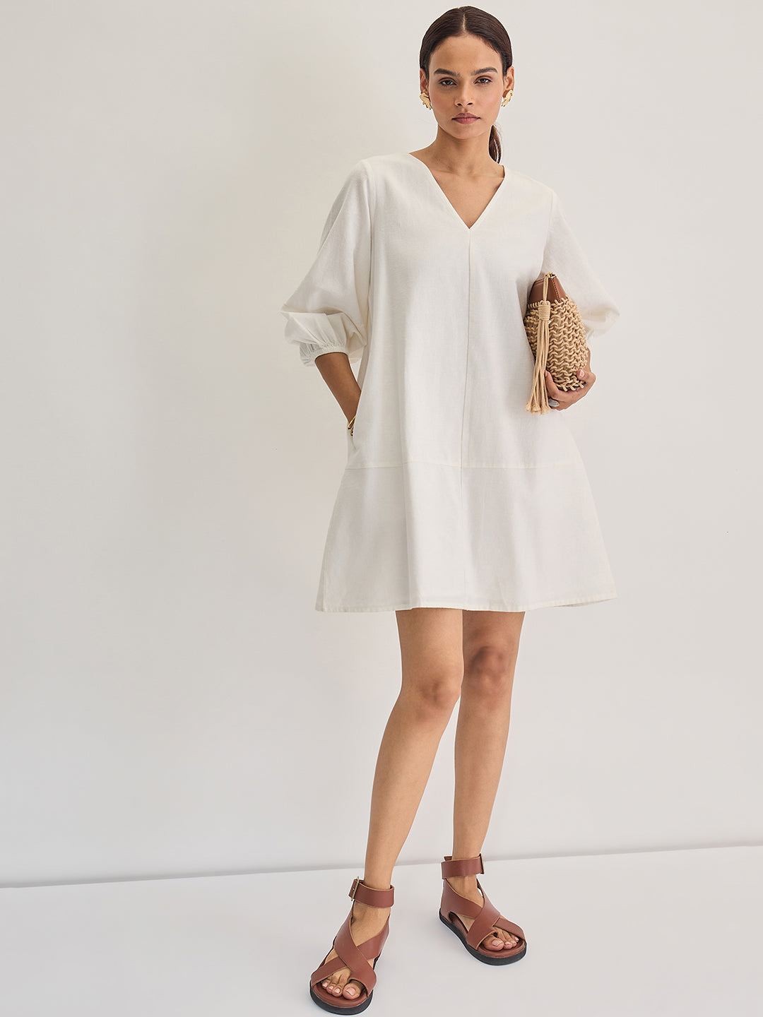 White Cotton Linen Mini Dress