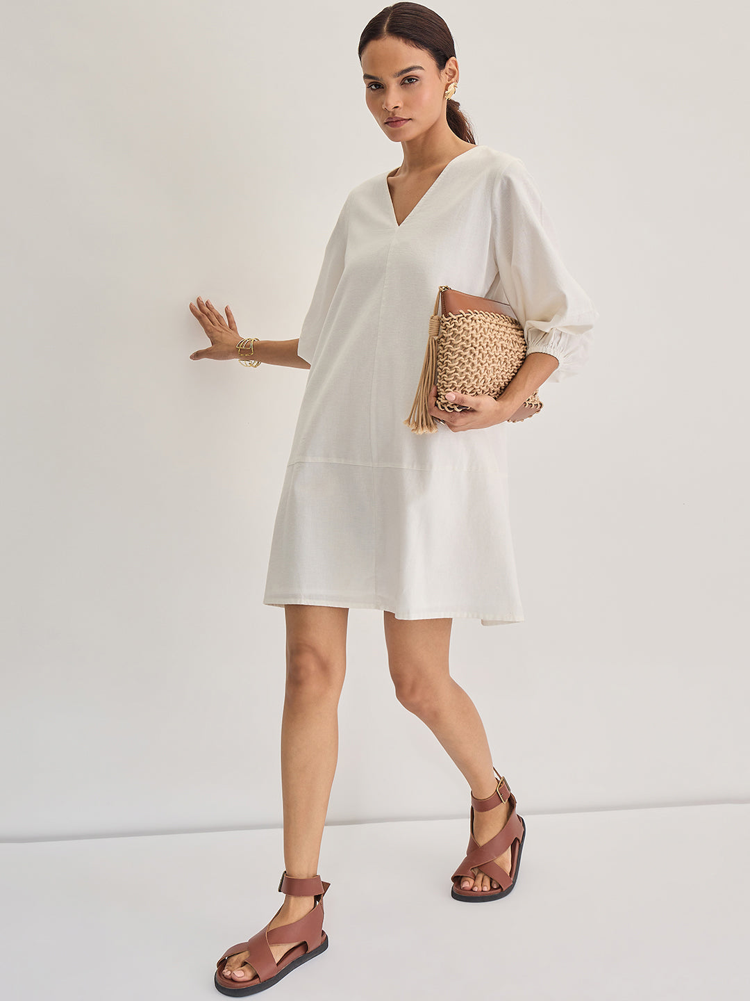 White Cotton Linen Mini Dress