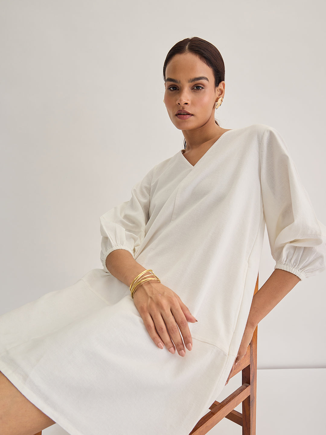 White Cotton Linen Mini Dress