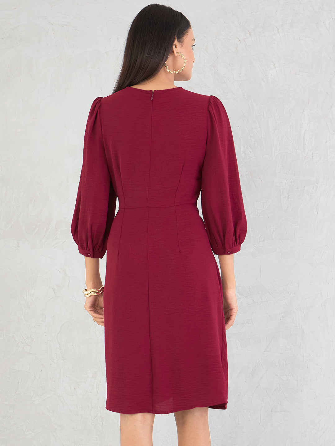 Maroon Knotted Knee Length Dress