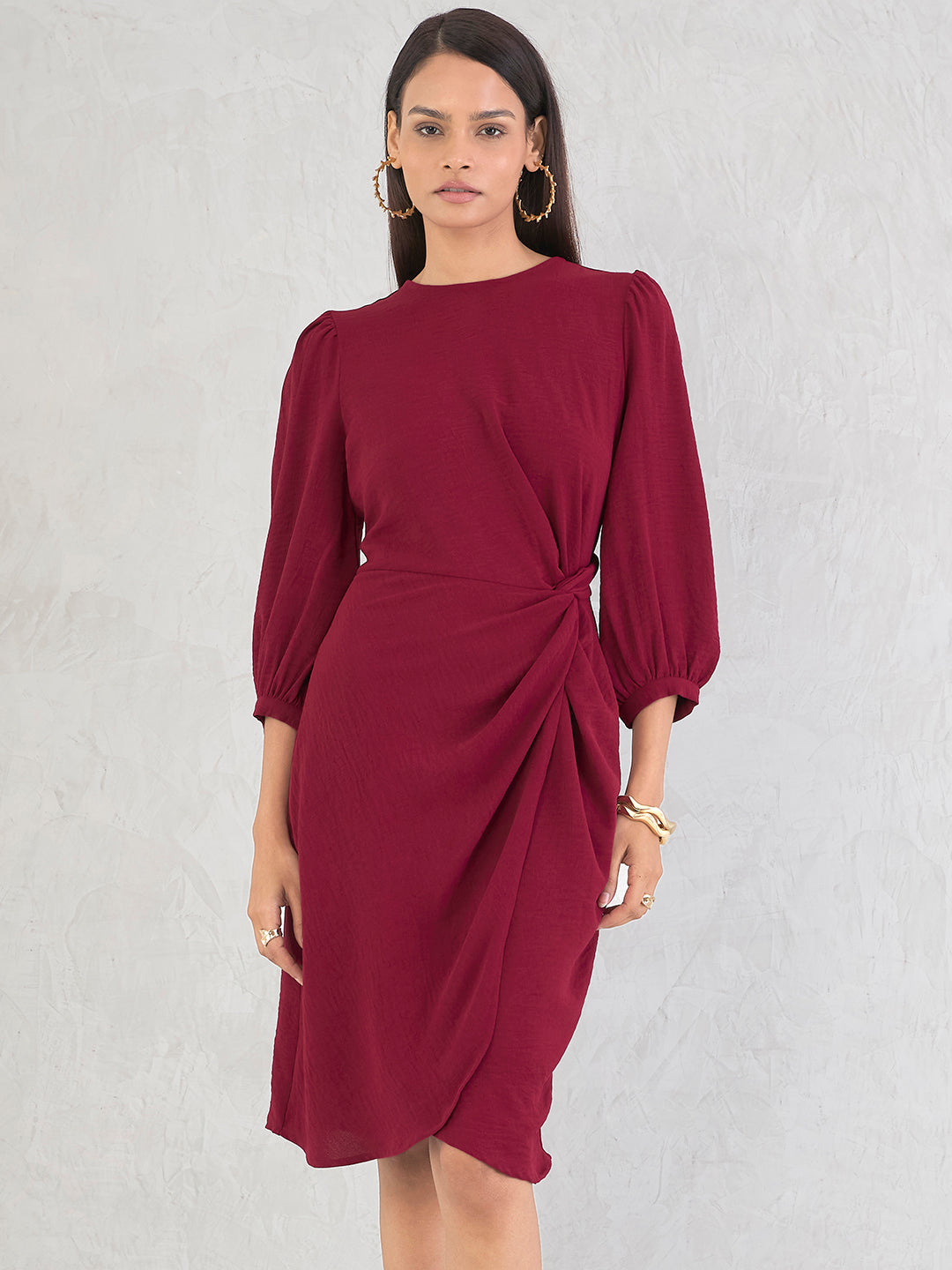 Maroon Knotted Knee Length Dress