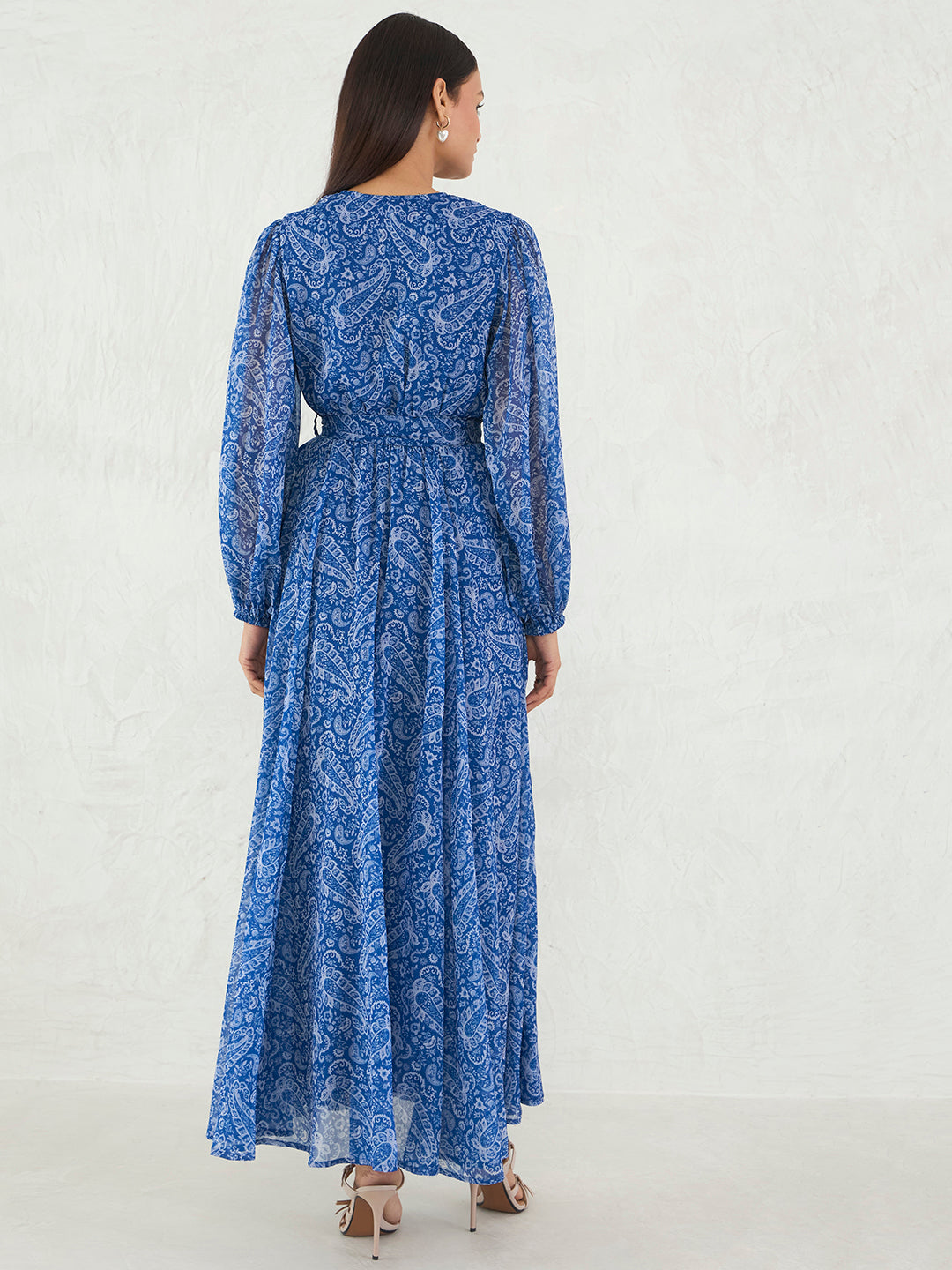 Blue Paisley Print Wrap Maxi Dress