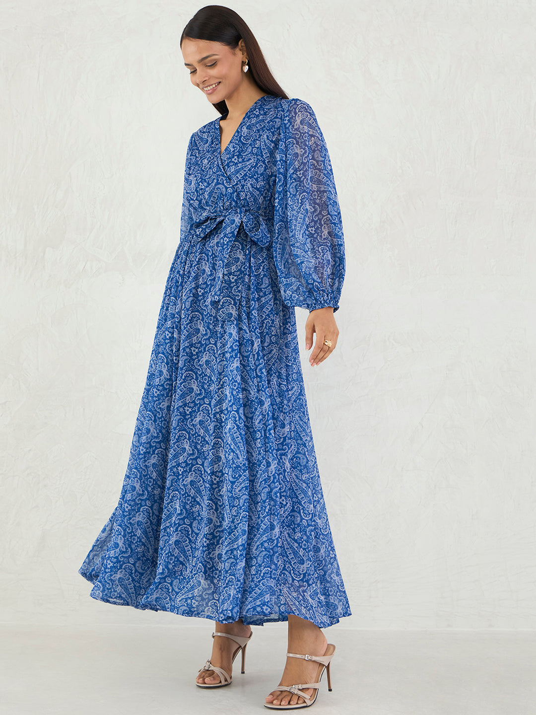 Blue Paisley Print Wrap Maxi Dress