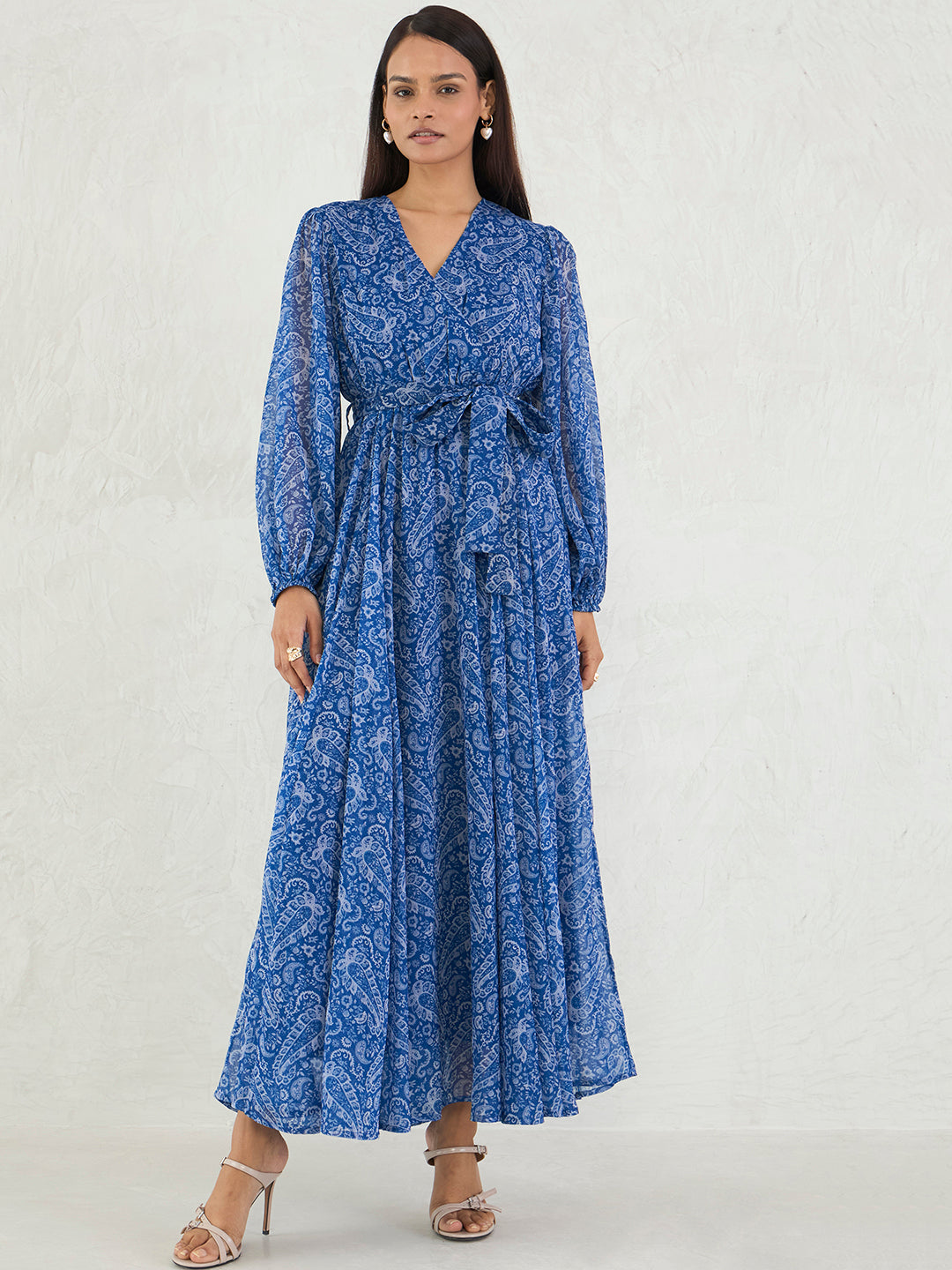 Blue Paisley Print Wrap Maxi Dress