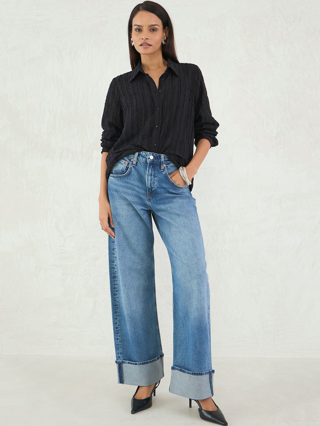 Black Textured Button Down Shirt