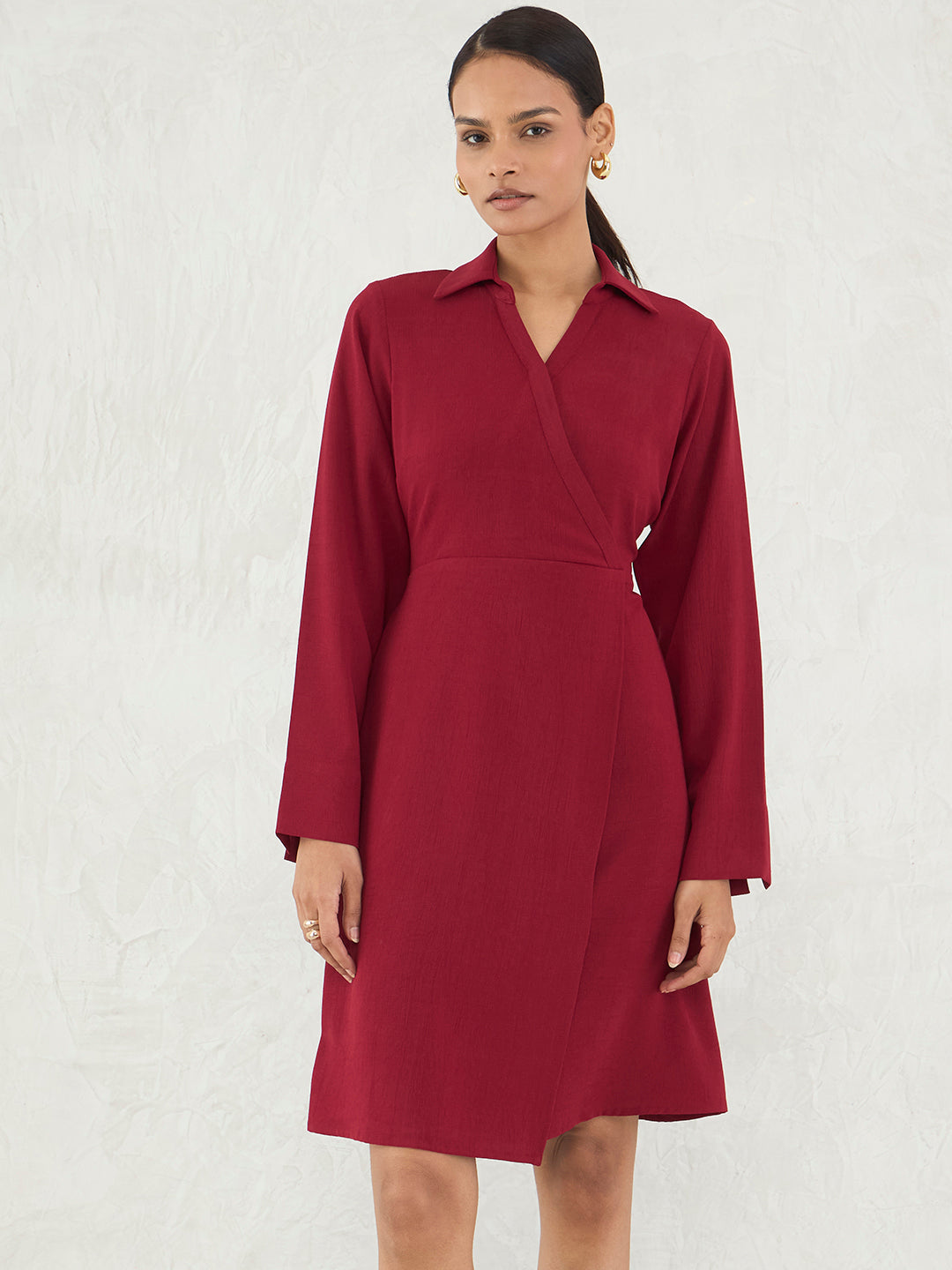 Red Wrap Knee Length Dress