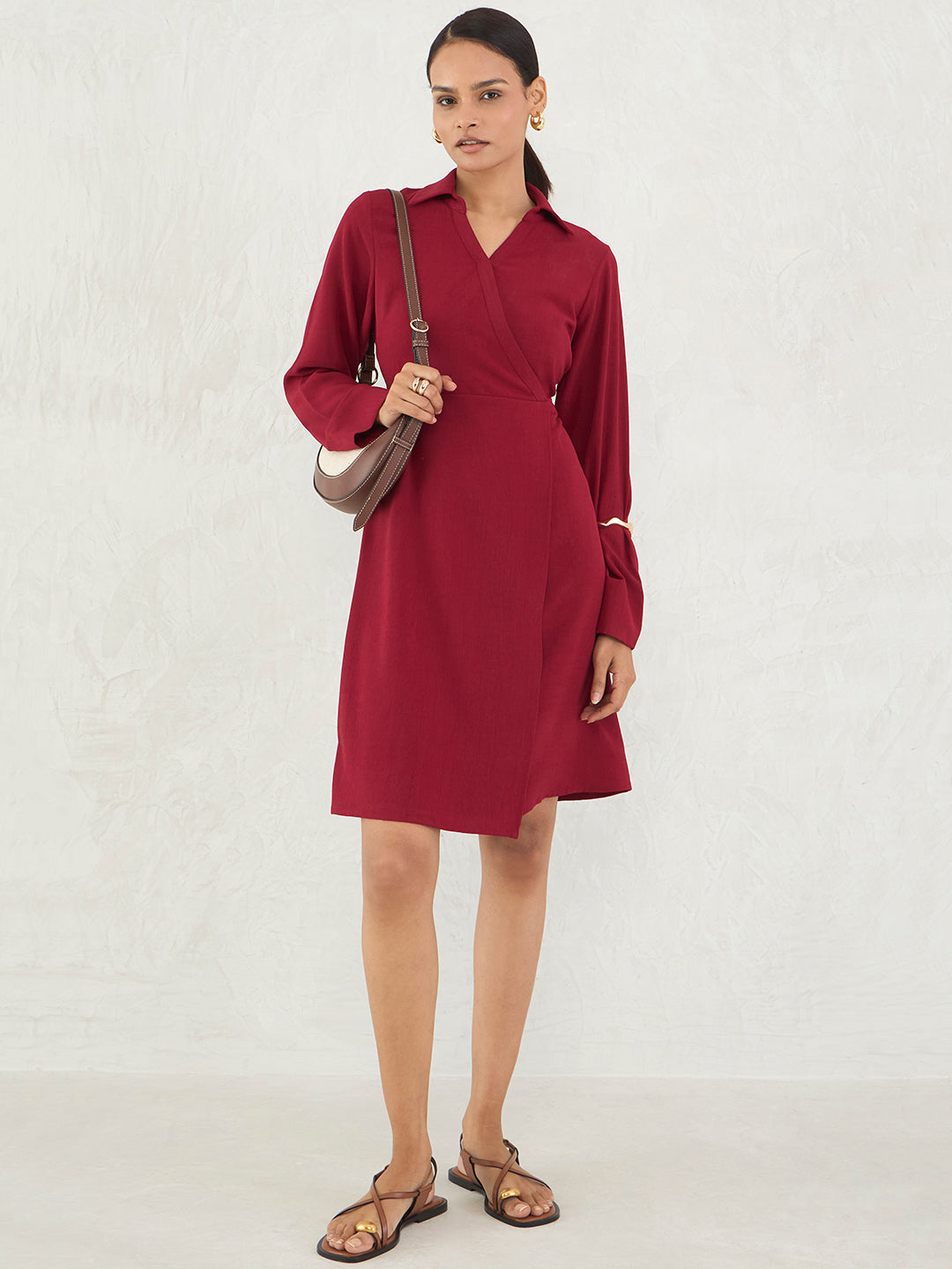 Red Wrap Knee Length Dress
