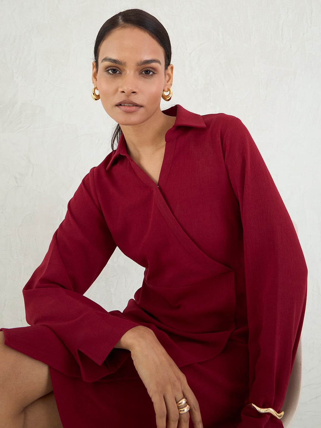 Red Wrap Knee Length Dress