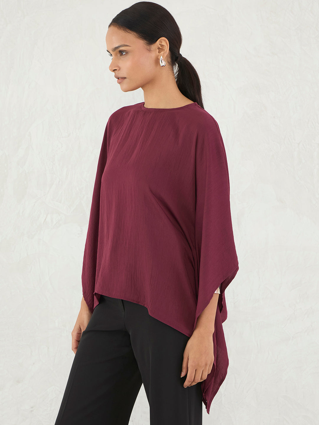 Wine Asymmetric Satin Top