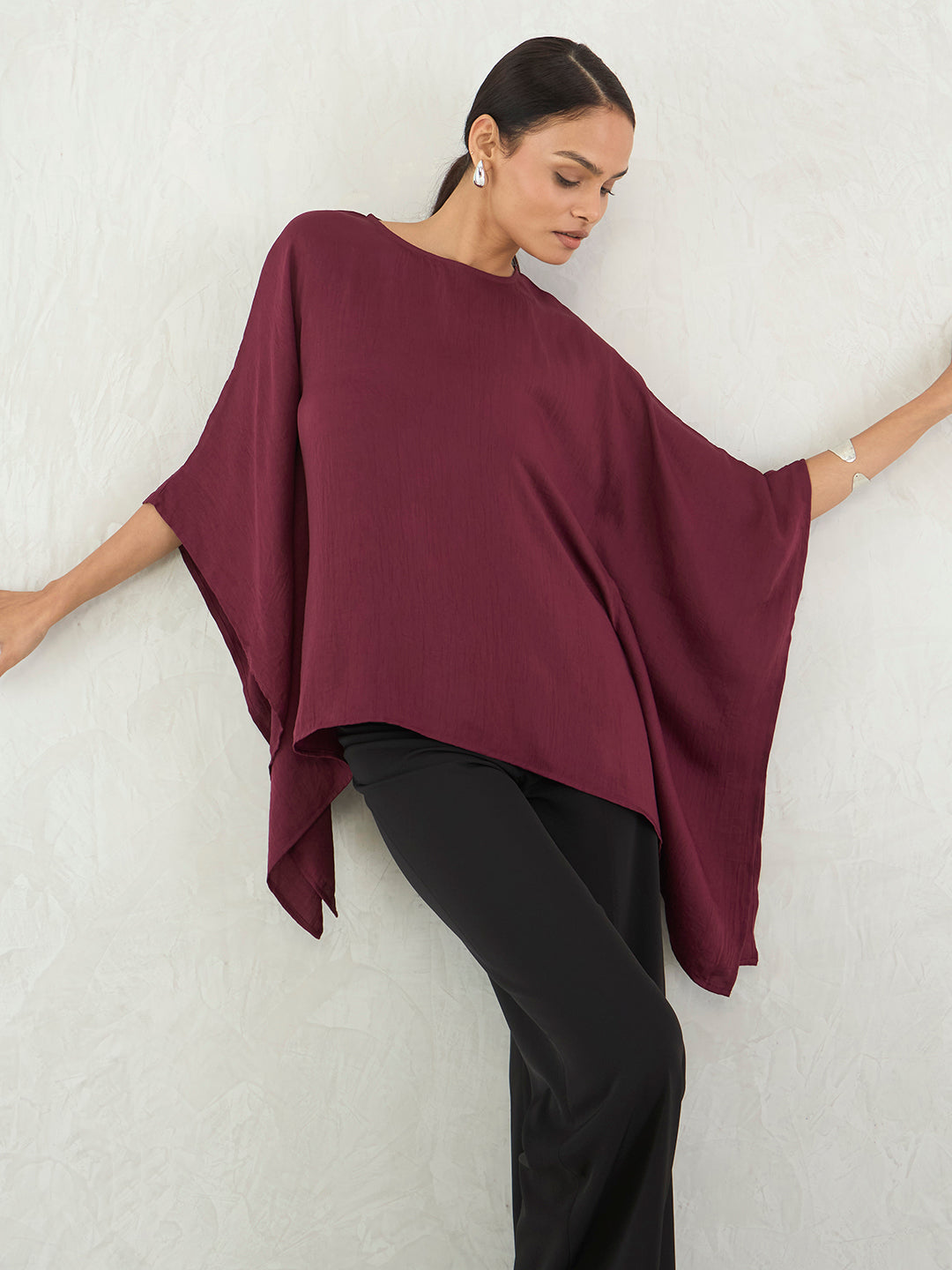 Wine Asymmetric Satin Top