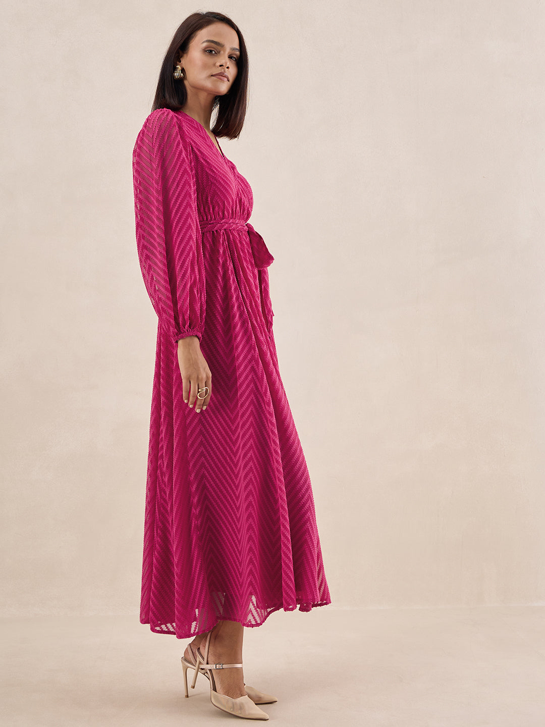 Pink Chevron Dobby Wrap Maxi Dress