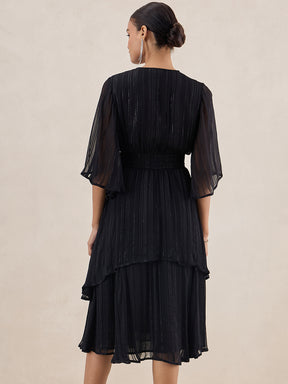Black Lurex Smocked Tiered Midi Dress