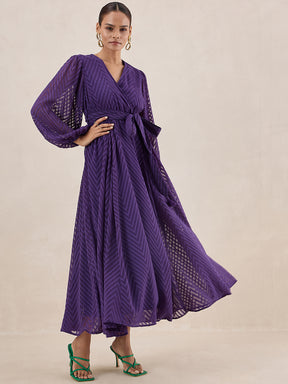 Deep Purple Chevron Dobby Wrap Maxi Dress