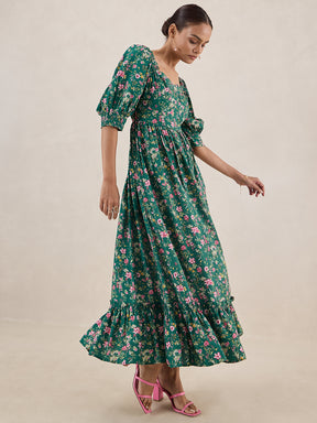 Green Floral Tiered Maxi Dress