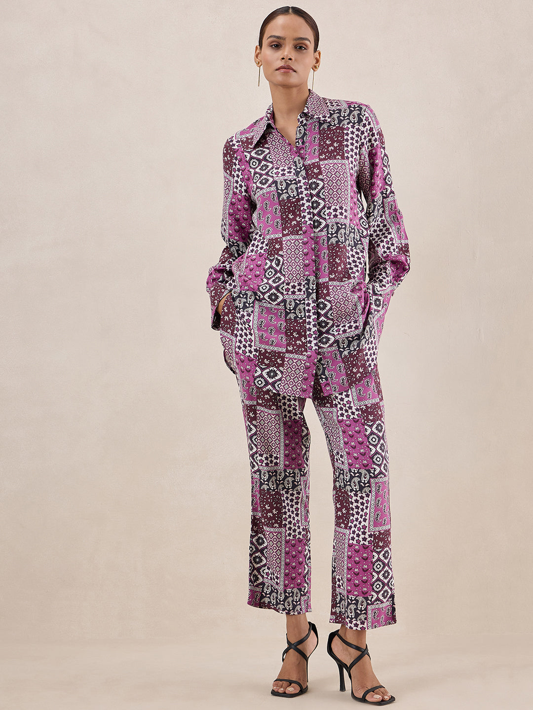 Purple Scarf Printed Button Down Coord Set
