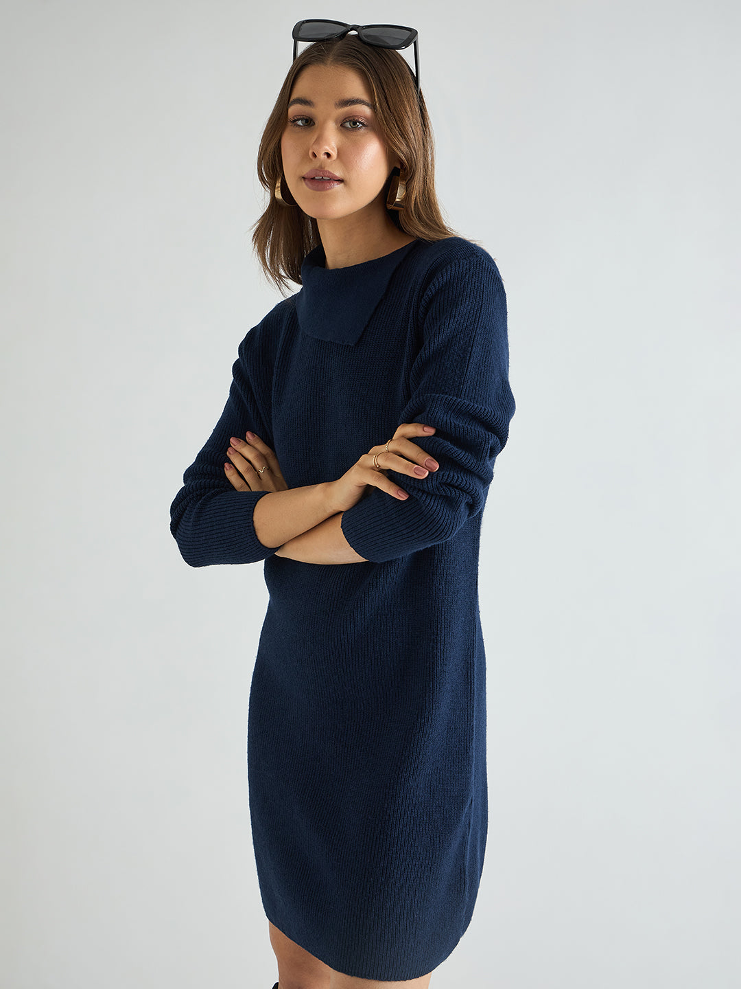Navy High Neck Sweater Knee Length Dress