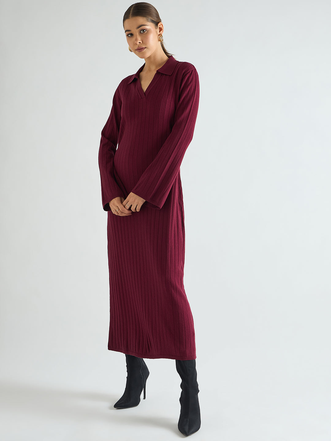 Wine Collared Sweater Maxi Dress