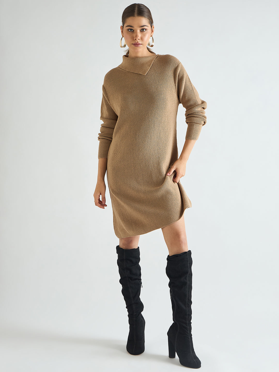 Beige High Neck Sweater Knee Length Dress