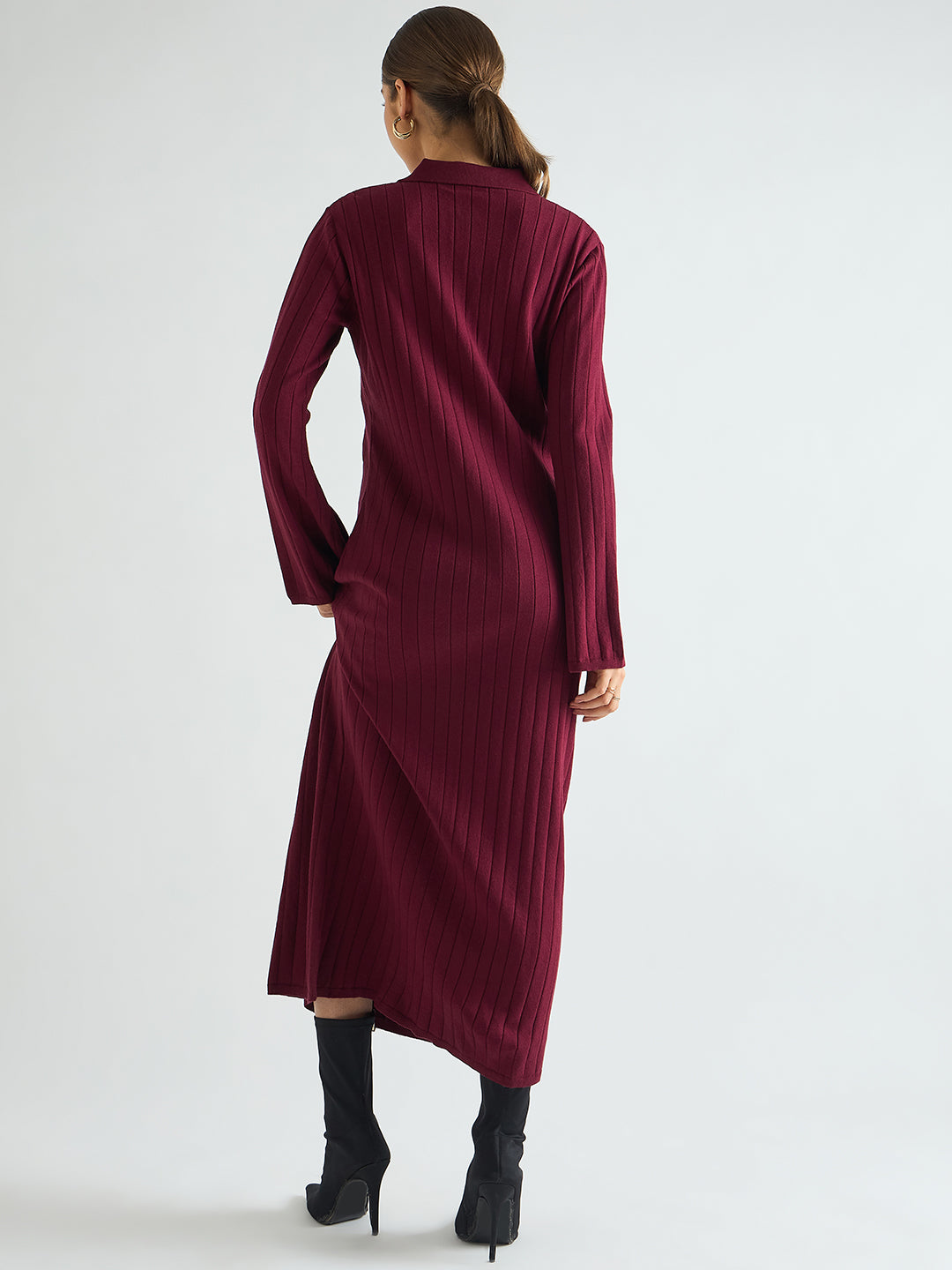 Wine Collared Sweater Maxi Dress