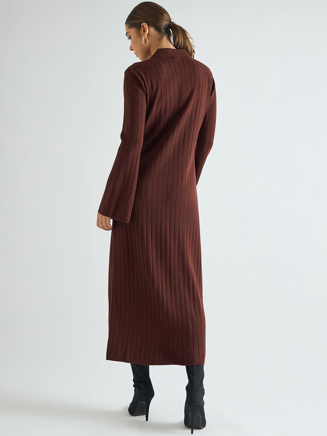 Coffee Brown Collared Sweater Maxi Dress