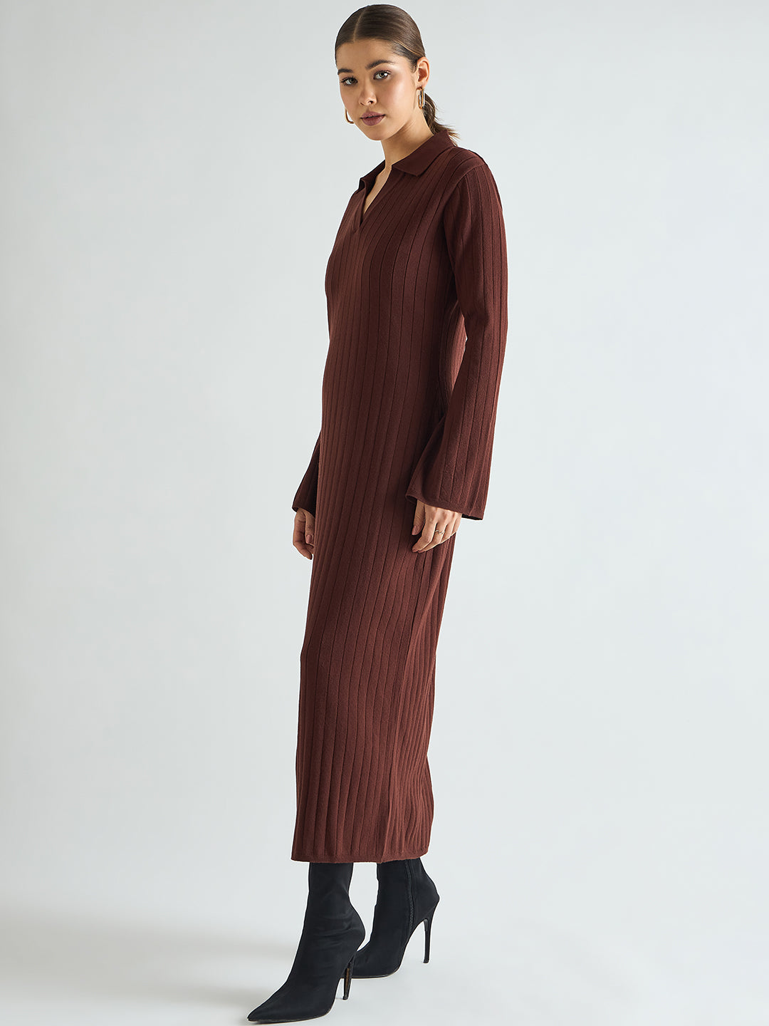 Coffee Brown Collared Sweater Maxi Dress