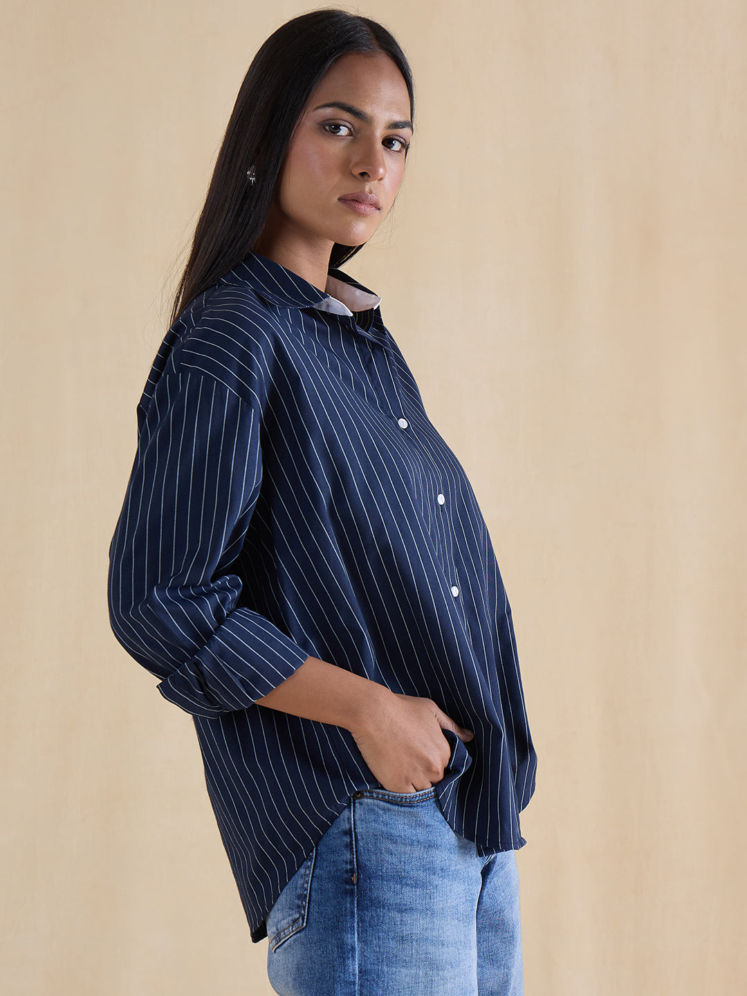 Navy Stripe Colorblock Oversized Shirt