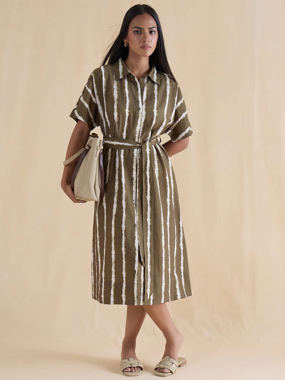Green Abstract Stripe Shirt Midi Dress