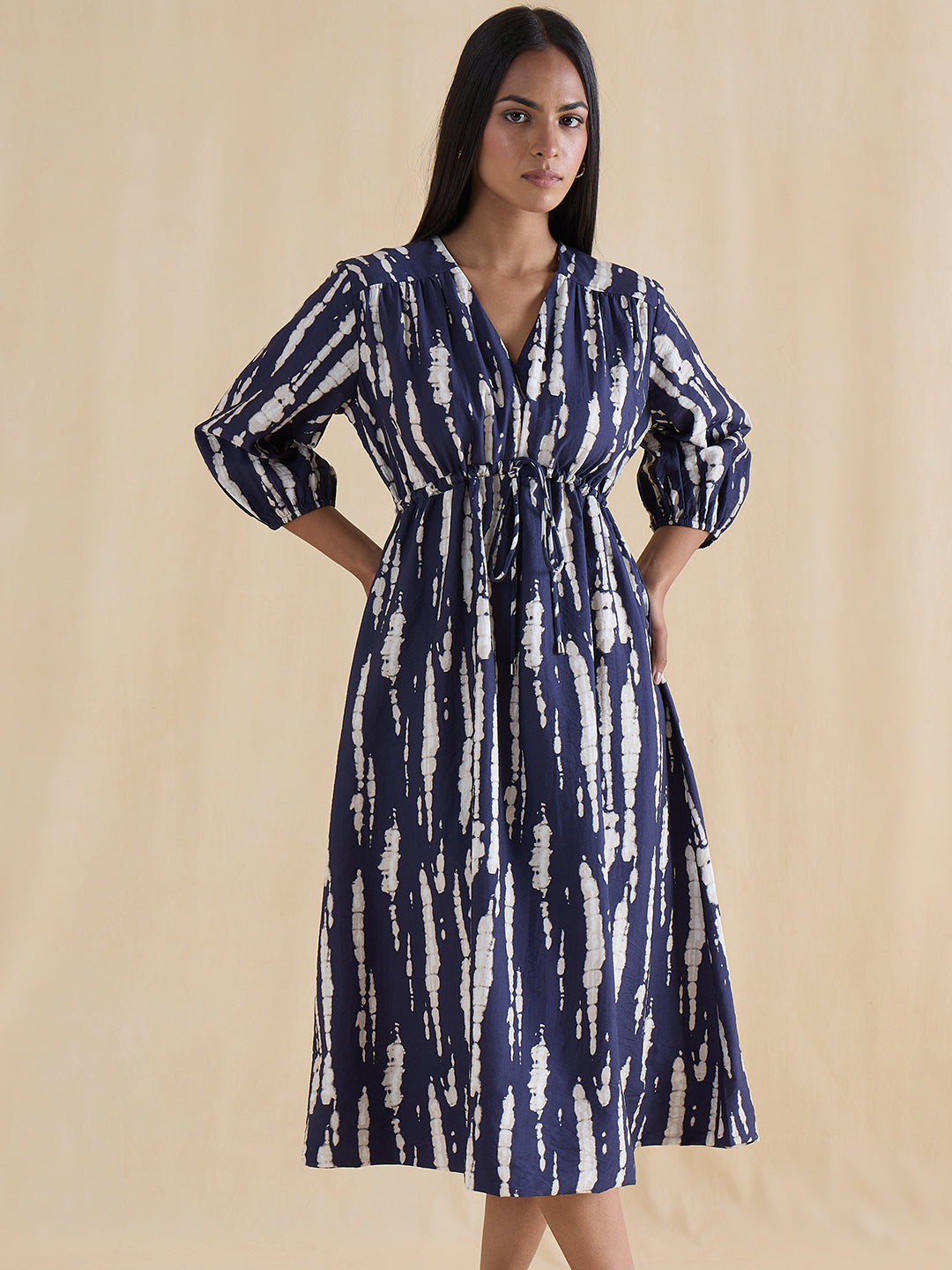 Navy Abstract Ruched Detail Midi Dress