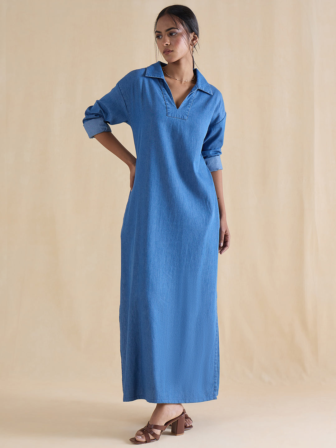 Mid Blue Slit Detail Denim Maxi Dress