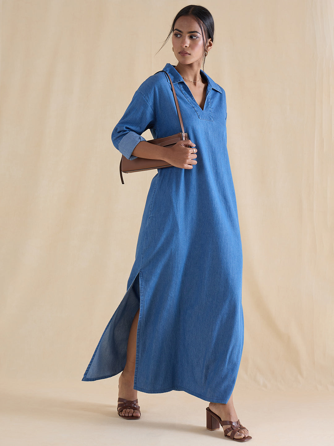 Mid Blue Slit Detail Denim Maxi Dress