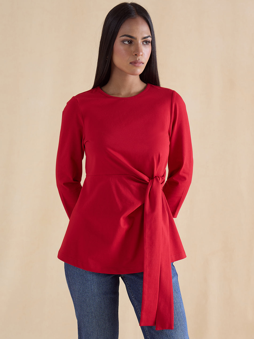 Red Cotton Knit Tie-Up Top