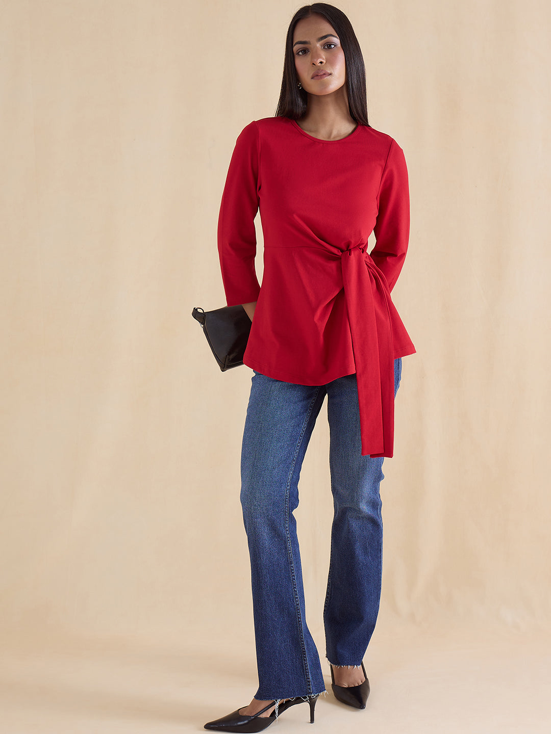 Red Cotton Knit Tie-Up Top