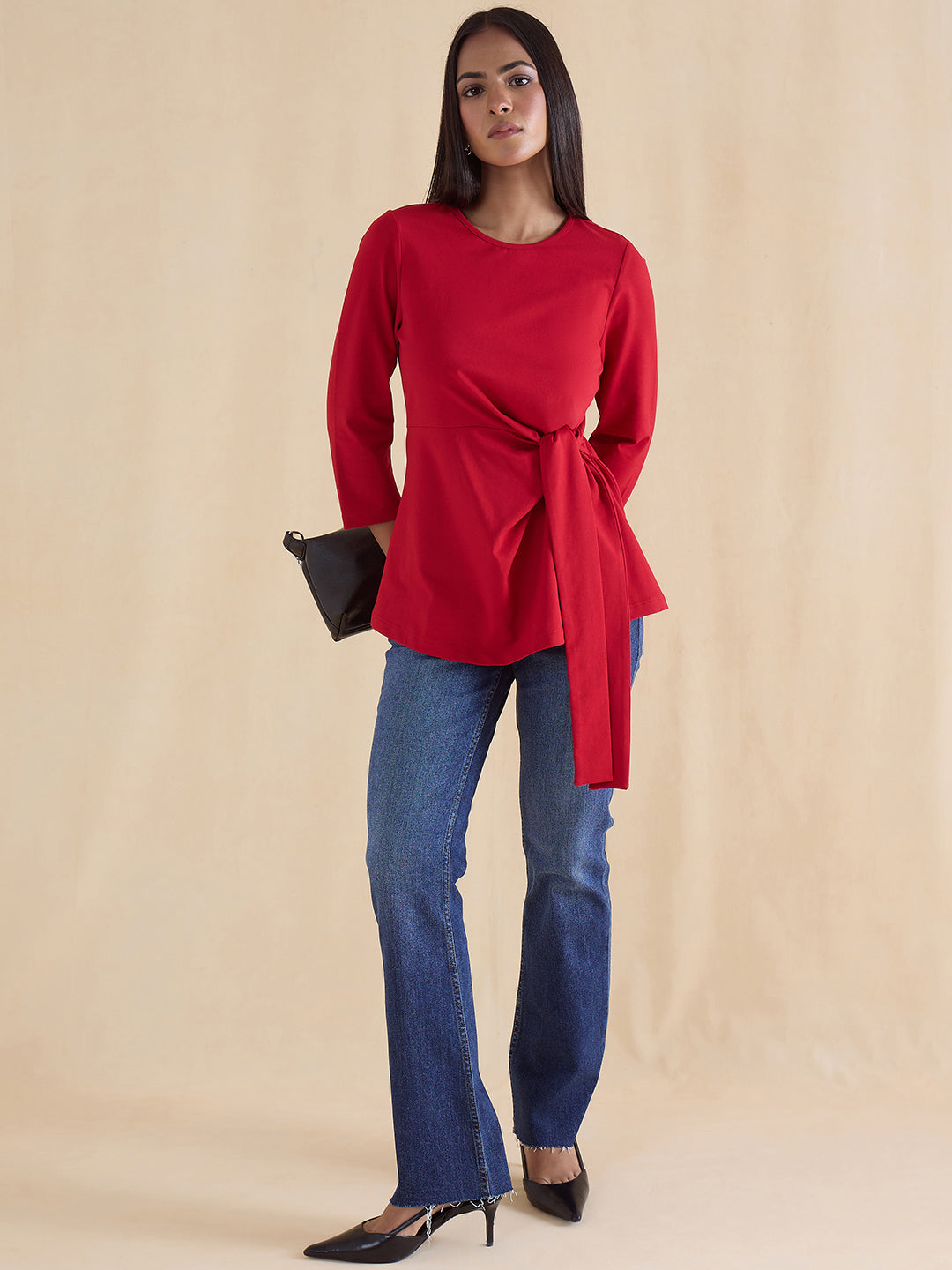 Red Cotton Knit Tie-Up Top