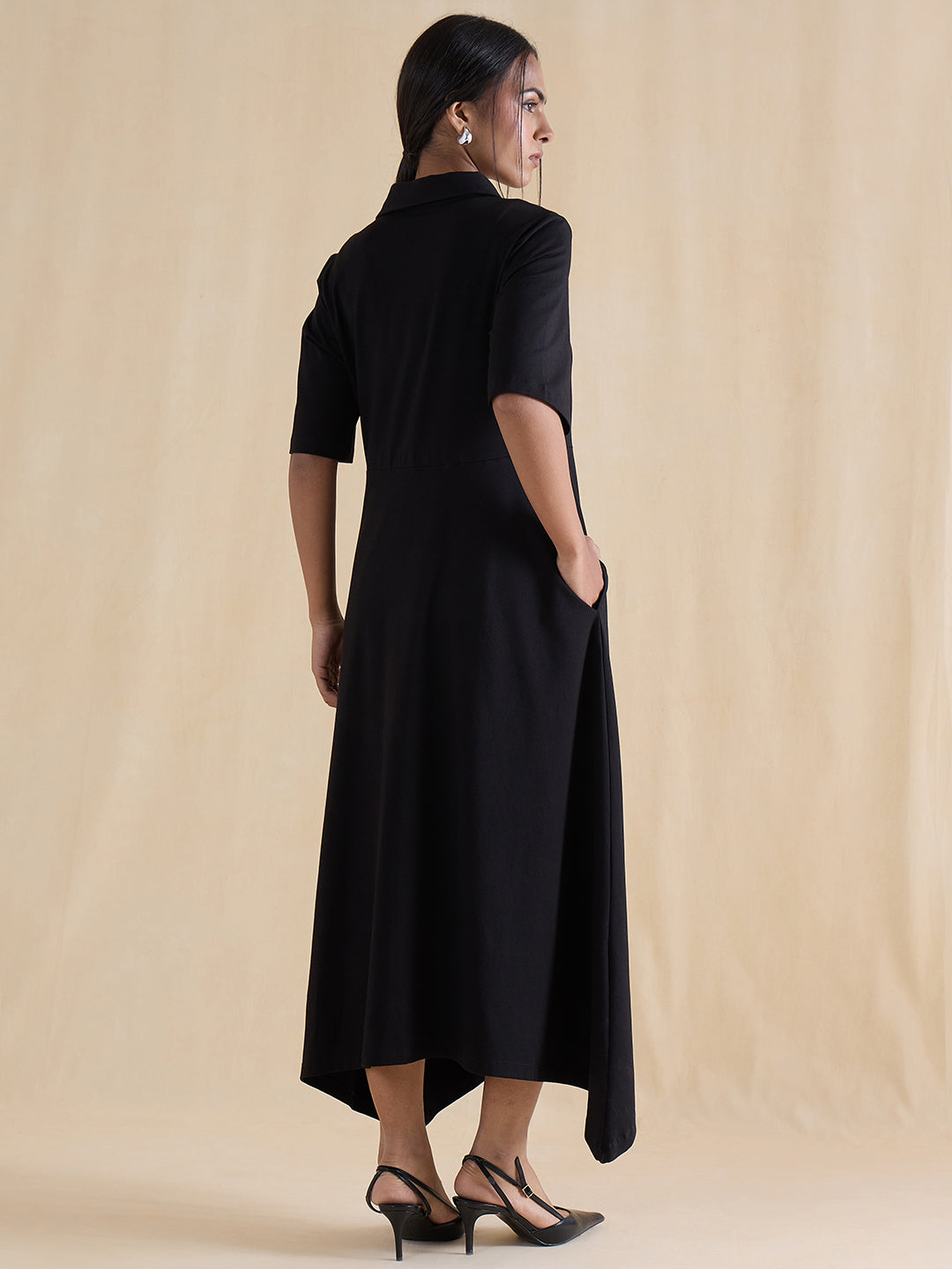 black-cotton-knit-half-zip-up-midi-dress-fk-7152