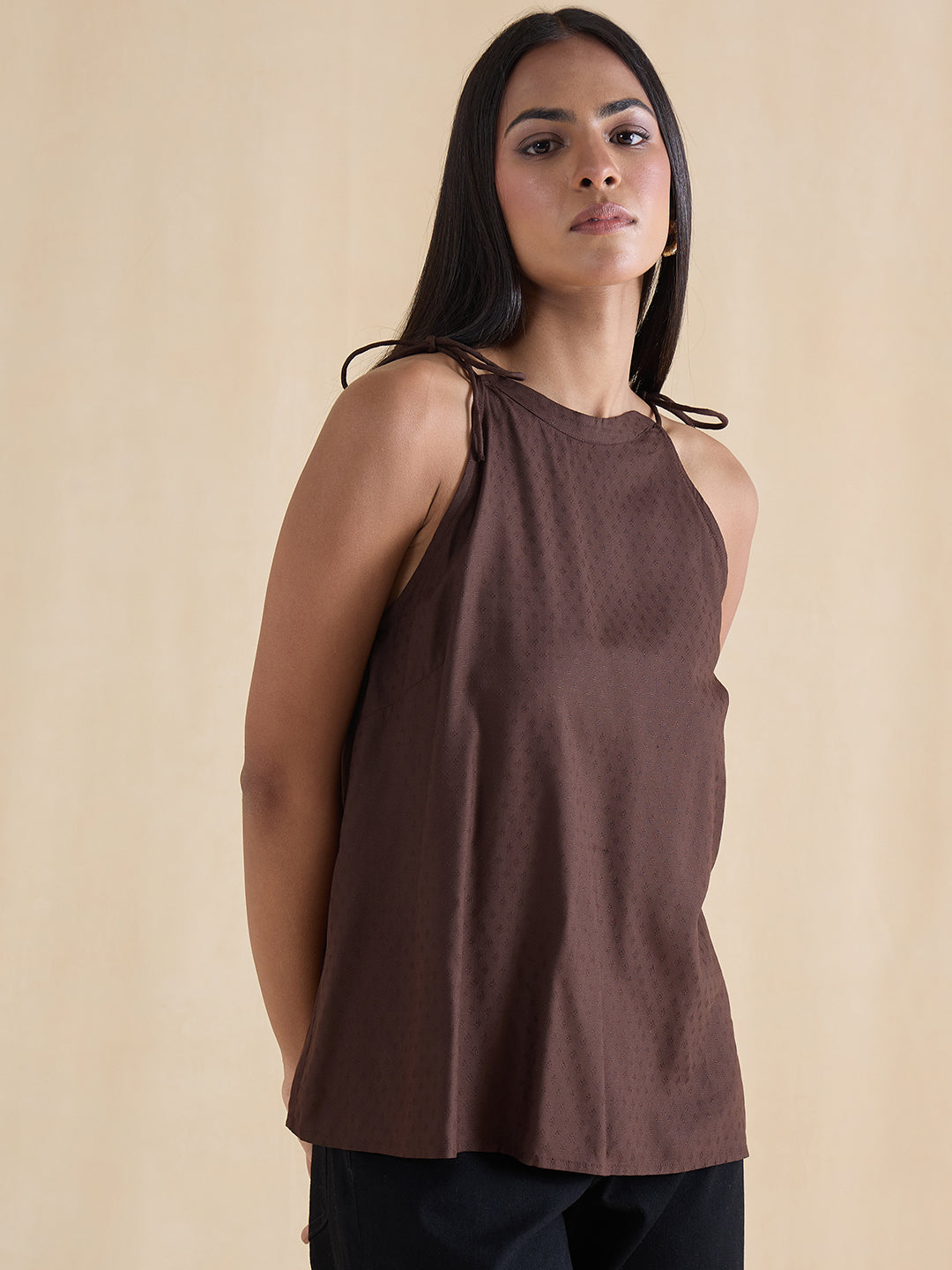 Coffee Brown Tie Up Collar Top