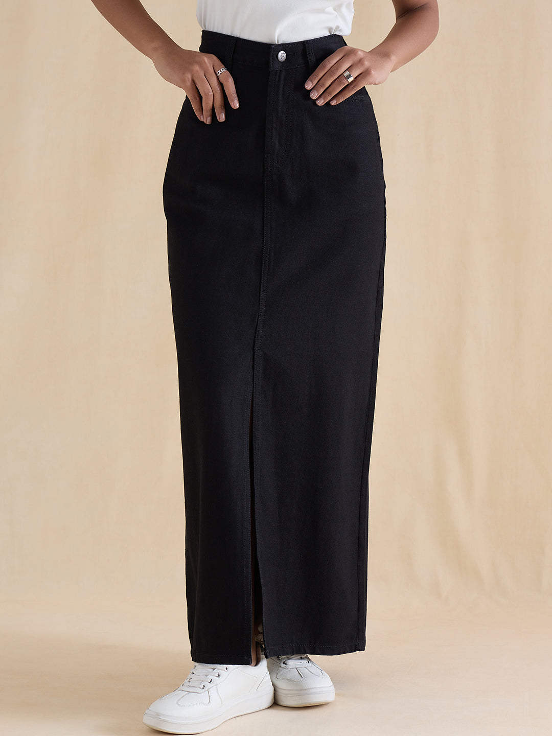 Black Denim Front Slit Maxi Skirt