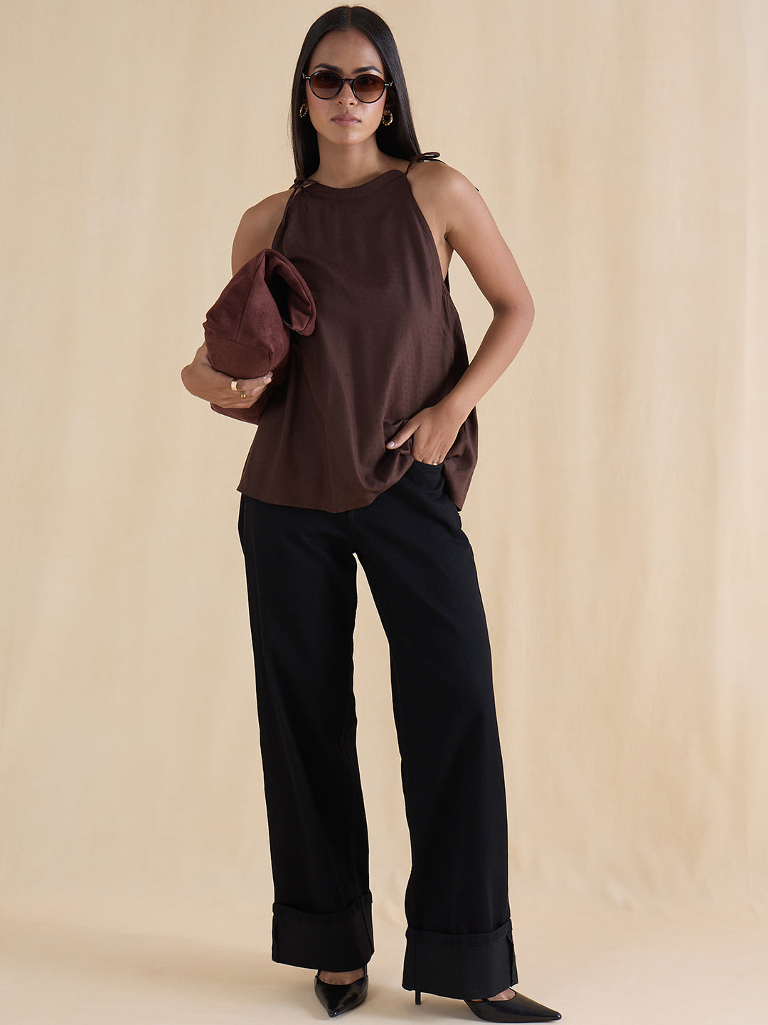 Coffee Brown Tie Up Collar Top