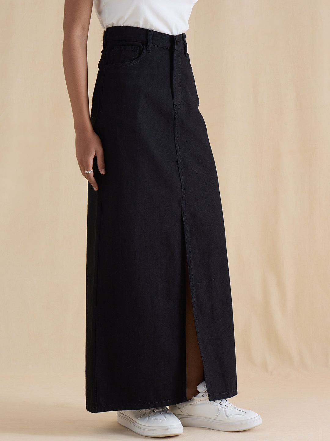 Black Denim Front Slit Maxi Skirt