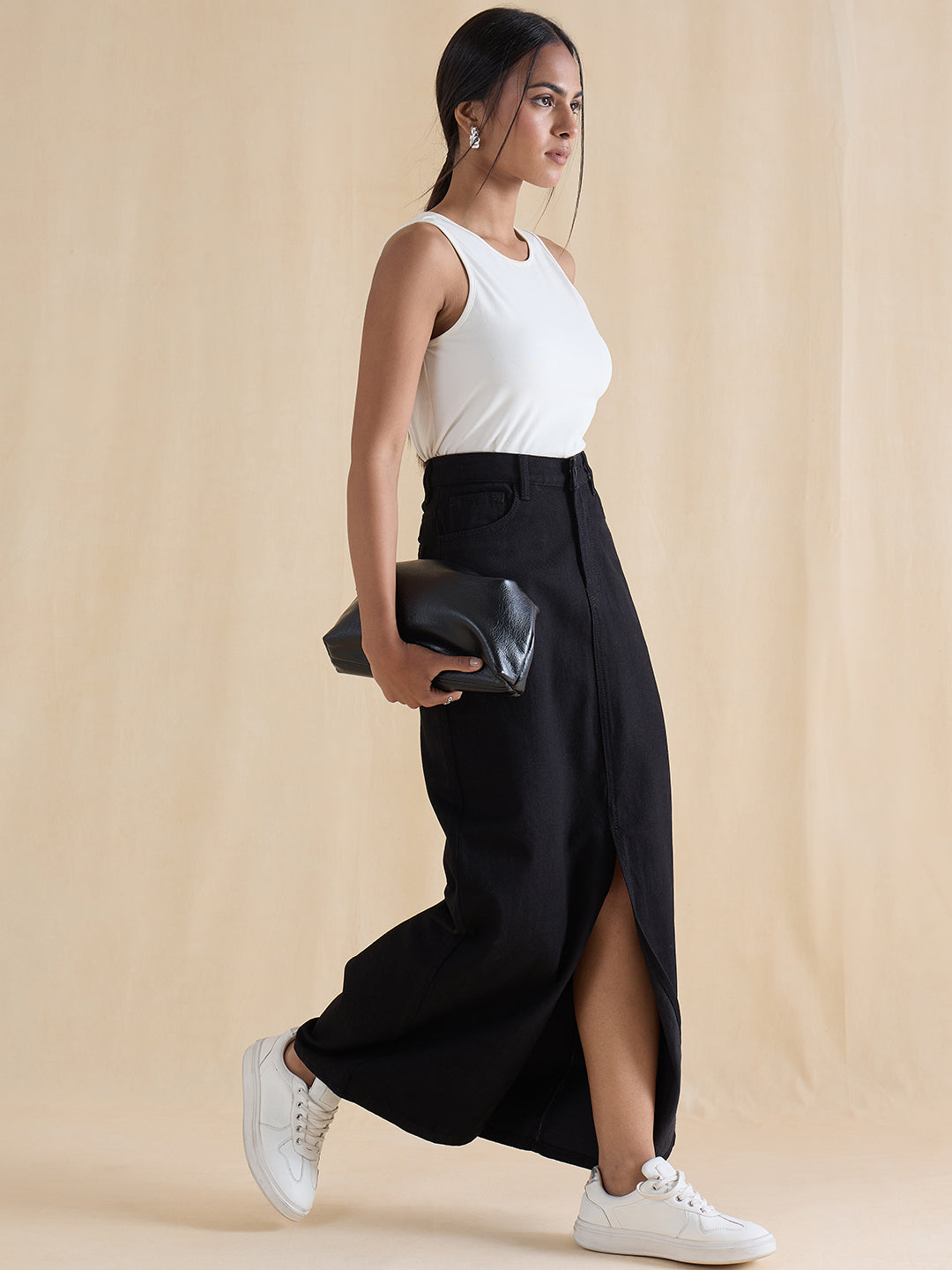 Black Denim Front Slit Maxi Skirt