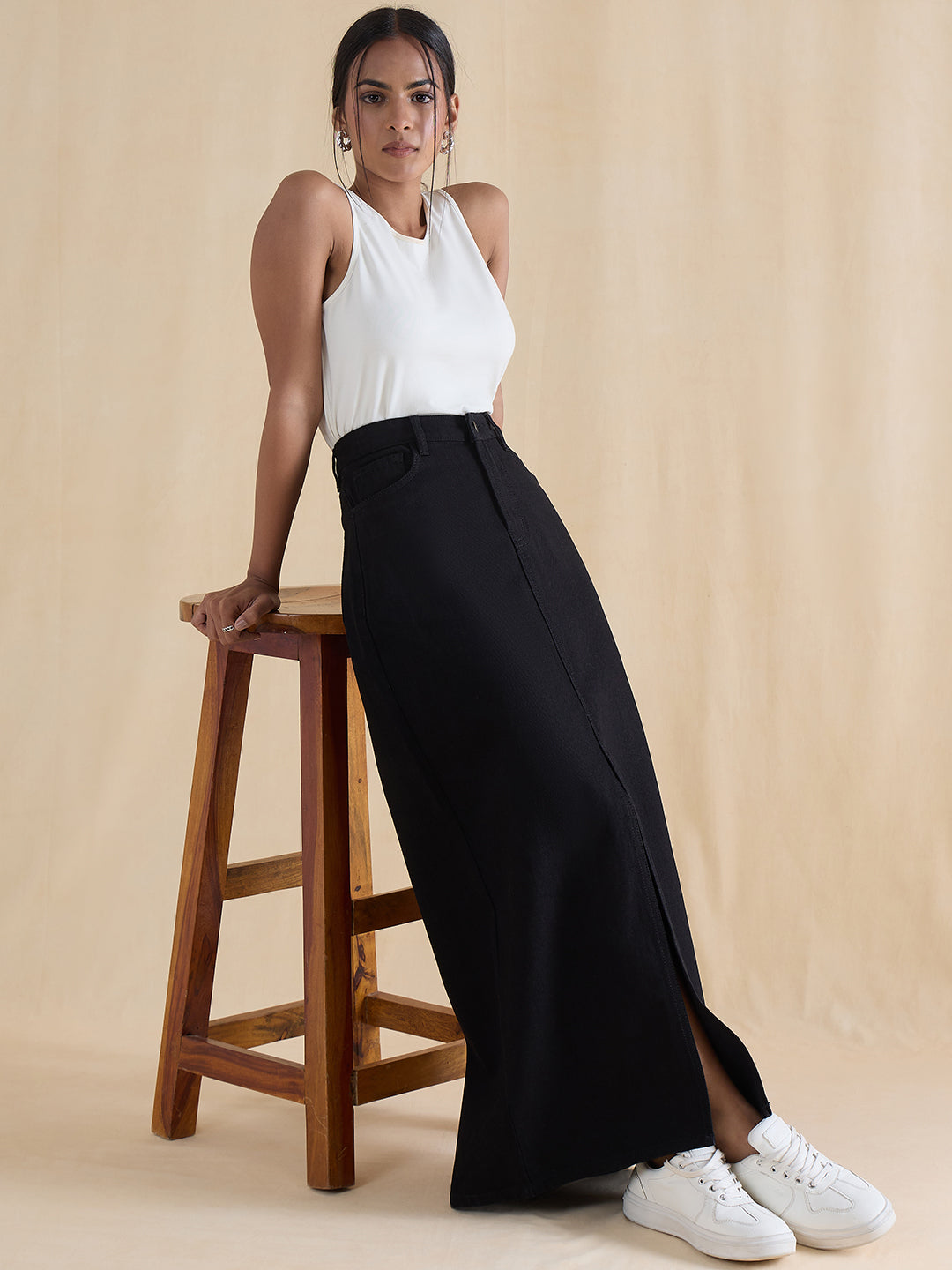 Black Denim Front Slit Maxi Skirt