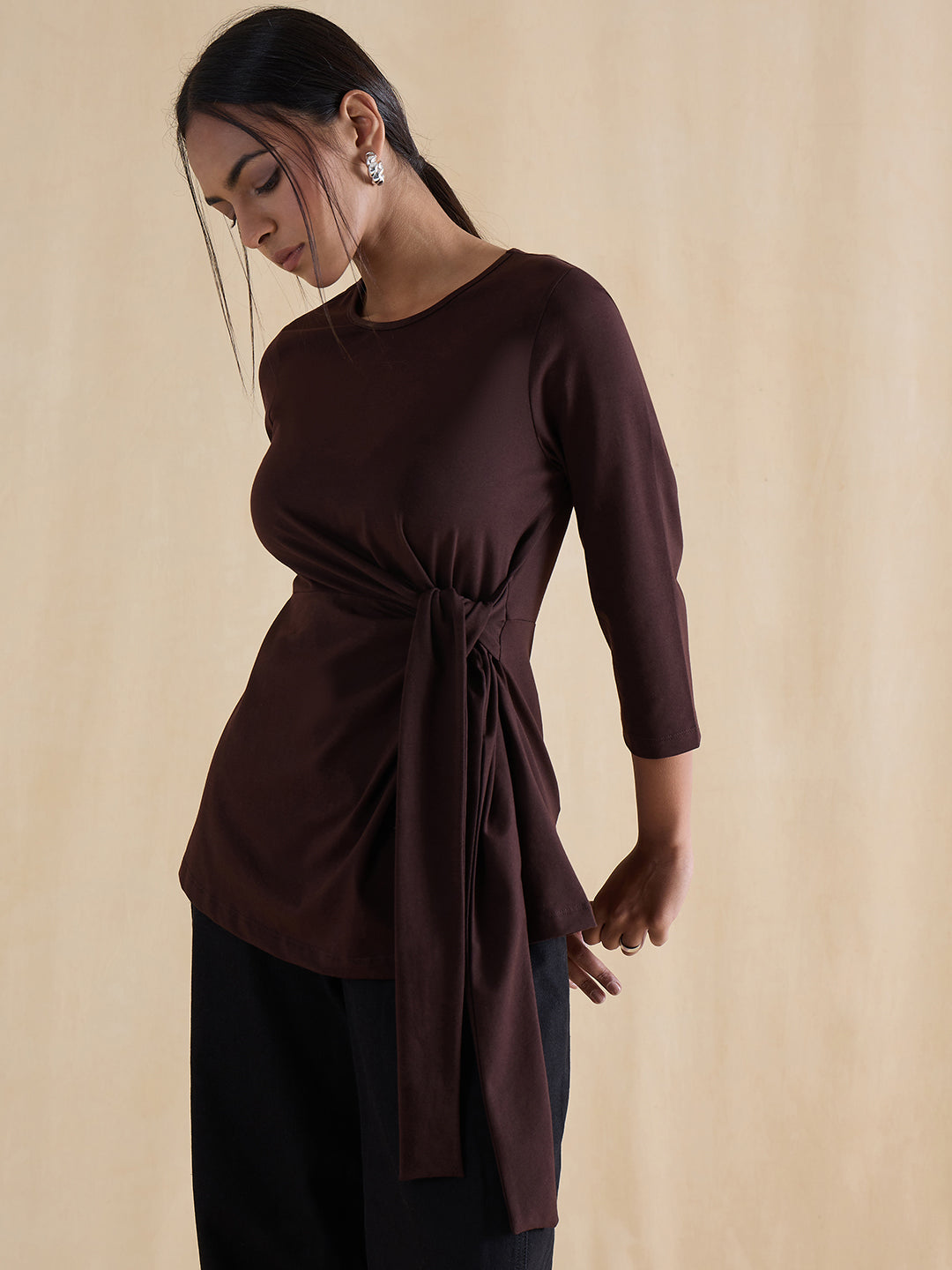 Coffee Brown Cotton Knit Tie-Up Top