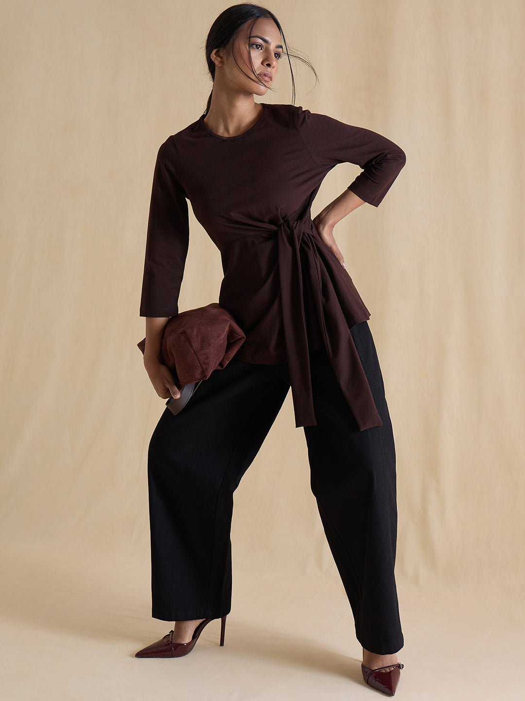 Coffee Brown Cotton Knit Tie-Up Top