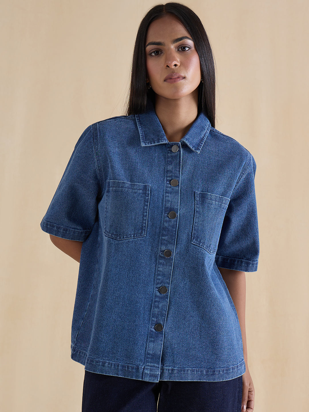 Mid Blue Denim Half Sleeves Shirt