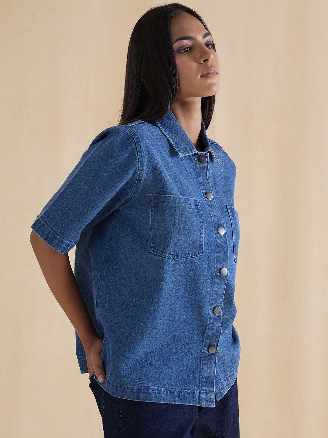 Mid Blue Denim Half Sleeves Shirt