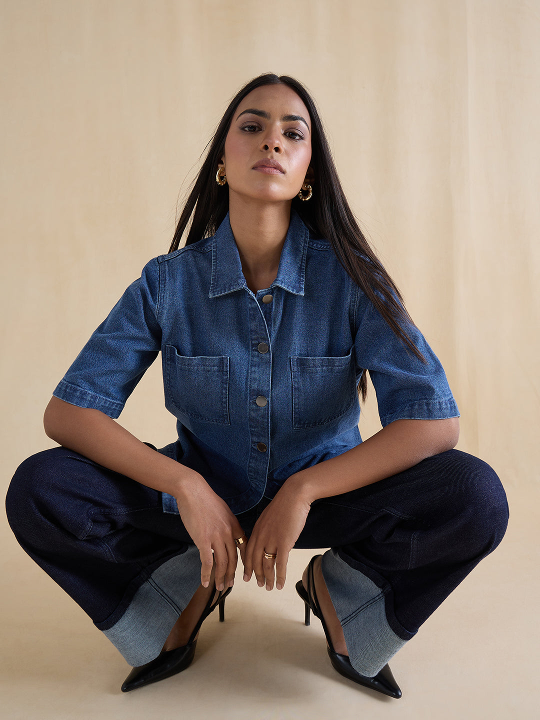 Mid Blue Denim Half Sleeves Shirt