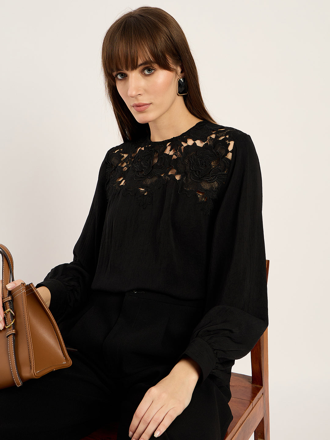 Black Yoke Lace Detail Satin Top