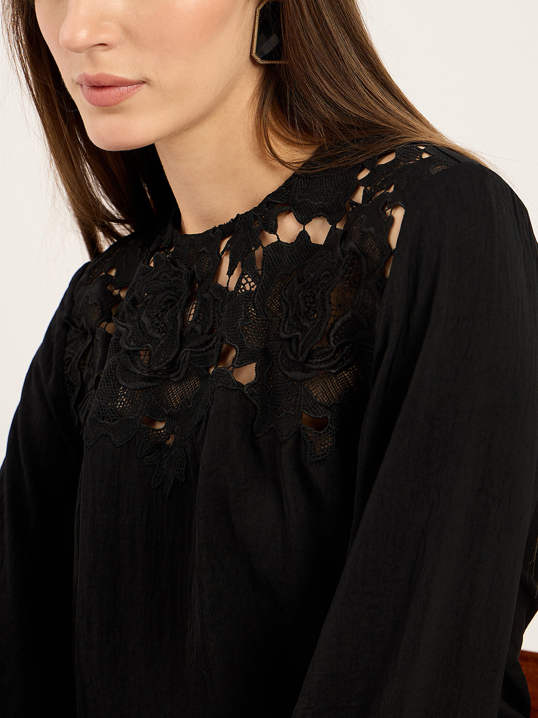 Black Yoke Lace Detail Satin Top