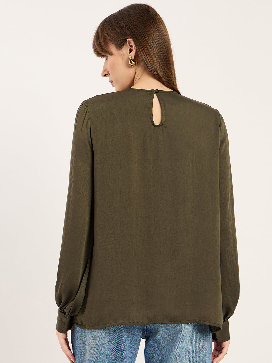 Olive Yoke Lace Detail Satin Top